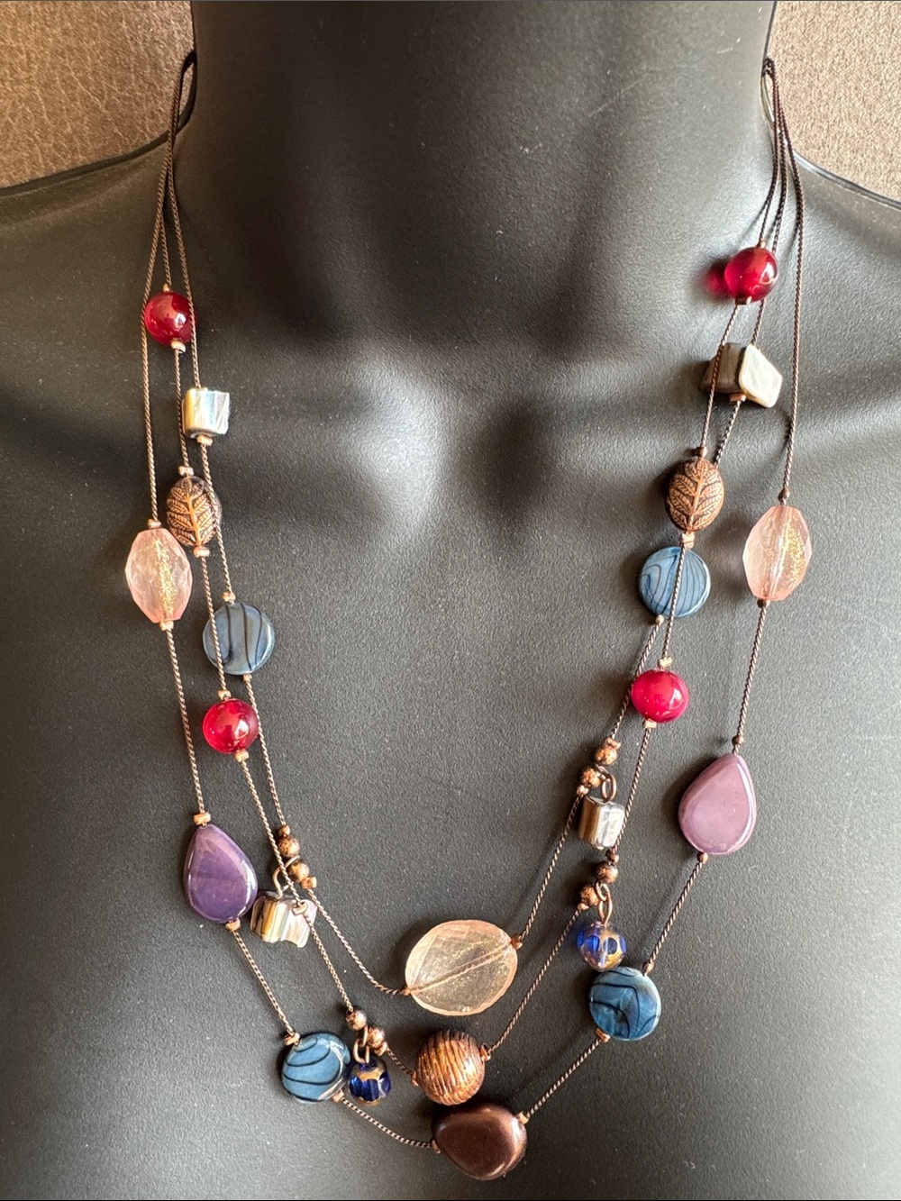 Three-Strand Pink, Purple and Blue Beaded Necklace - Women Jewelry